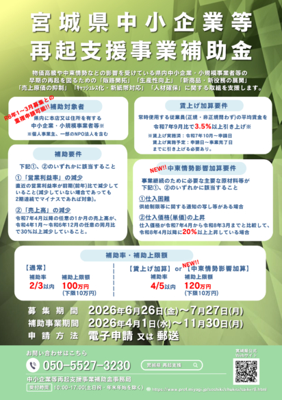 宮城県「再起支援事業補助金」追加募集チラシ